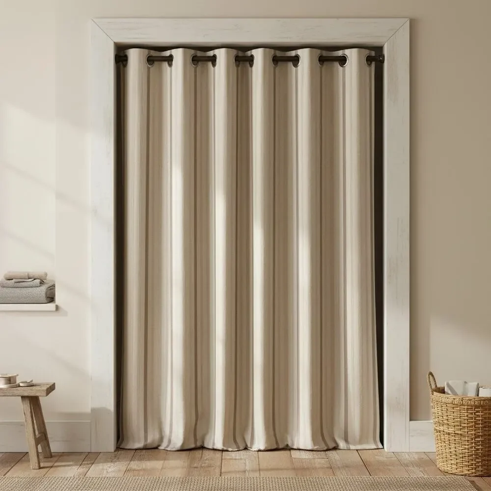 Vintage Cream Taupe Stripe Curtain Panels Set 2-Grommet Drapes-Neutral-Window